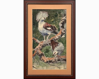 著名なアーティスト、G.グリュクマンによる1968年制作のアンティークオリジナルドローイング（額装済み）。エキゾチックな鳥、自然、熱帯の風景を描いた、すぐに壁に掛けられるアート作品。