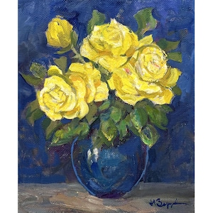 Vintage original oil painting on canvas Yellow roses still life by Ukraine artist N.Zaruba, Wall art, Flowers in a vase, Still life painting