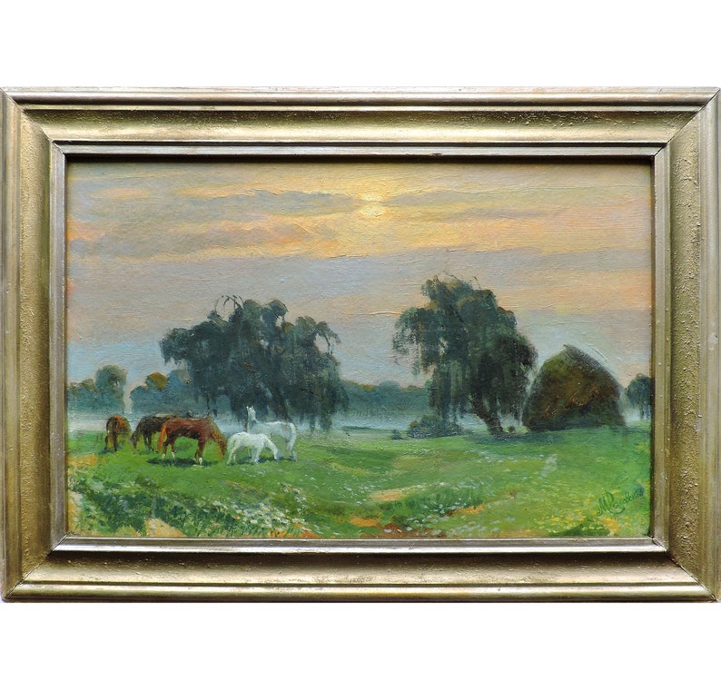 FRAMED VINTAGE original oil PAINTING by Soviet Ukrainian artist M.Rakovsky 1990s, Horses in pasture, Meadow landscape, Sunset, Ready to hang