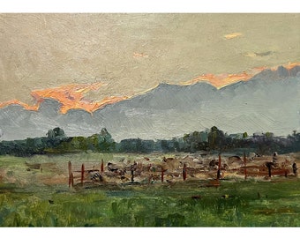 SUNSET LANDSCAPE Vintage original oil painting by Ukraine artist V.Sevastyanov, 1960s, Countryside view, Rural landscape, Farm wall art work