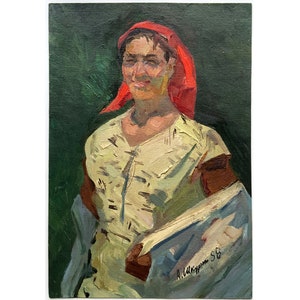 Oryginalny obraz olejny z połowy wieku Portret kobiety autorstwa ukraińskiego artysty A. Shkurko, 1958, Portret kobiety, Antyczna sztuka ścienna portretowa