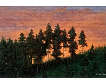 Mid century original oil painting Sunset landscape by Ukraine artist S.Remchukov 1949, Evening, Trees, Forest, Nature, Antique wall art work