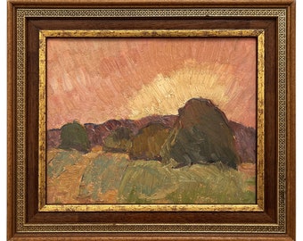 HAYSTACKS AT SUNSET Framed vintage original oil painting by Ukraine artist V.Sevastyanov 1960s, Evening, Rural landscape, Farm wall art work