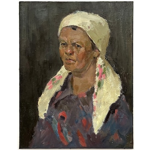 Mid century original oil painting on canvas Antique portrait of a woman by Ukraine artist G.Shponko 1950s Portrait painting, Female portrait