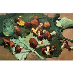 Antikes original Ölgemälde auf Leinwand Wald Stilleben mit Pilzen, vom Ukrainischen Künstler V.Pirogov, 1960er Jahre, Wandkunst, Stillleben Malerei