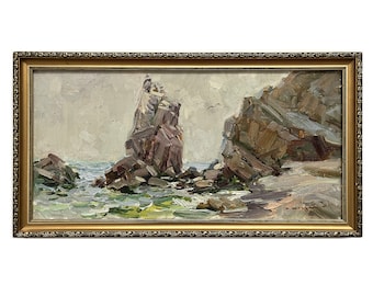Framed vintage original oil painting on canvas by Ukraine artist O.Shadrin, 1981, Beach, Rocky shore, Seafront, Sea landscape, Sea wall art