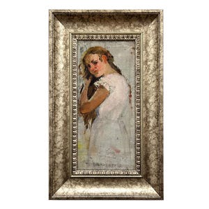 Antique framed original oil painting Portrait of a girl by Ukrainian artist M.Vynokurova, 1956, Mid century wall art work, Portrait painting