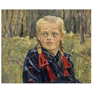 Antique original oil painting Portrait of a girl by Ukrainian artist V.A.Kolesnik 1949, Portrait wall art, Portrait painting, Child portrait