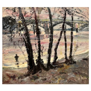 Pintura a óleo original vintage do artista ucraniano V. Gnatyuk 1987, Nascer do sol sobre o rio, Pescador, Árvores na margem do rio, Pintura de pesca