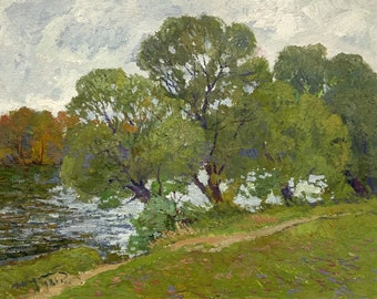 LANDSCAPE PAINTING Vintage original oil painting by Ukraine artist D.Bednoshey 1981, Impressionist art work, Riverscape, Trees on river bank