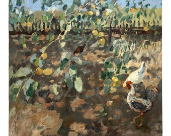 Vintage impressionist original oil painting on canvas Rural landscape by Ukrainian artist G.Shponko, 1970s, Chickens in the garden, Wall art