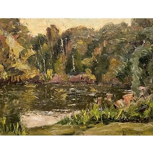 Pintura al óleo original vintage Paisaje fluvial vespertino del artista ucraniano I. Hapochenko, Arte mural, Atardecer, Ribera, Paisaje fluvial, Naturaleza