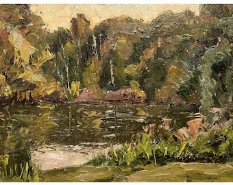 Vintage original oil painting Evening river landscape by Ukrainian artist by I.Hapochenko, Wall art, Sunset, Riverbank, Riverscape, Nature