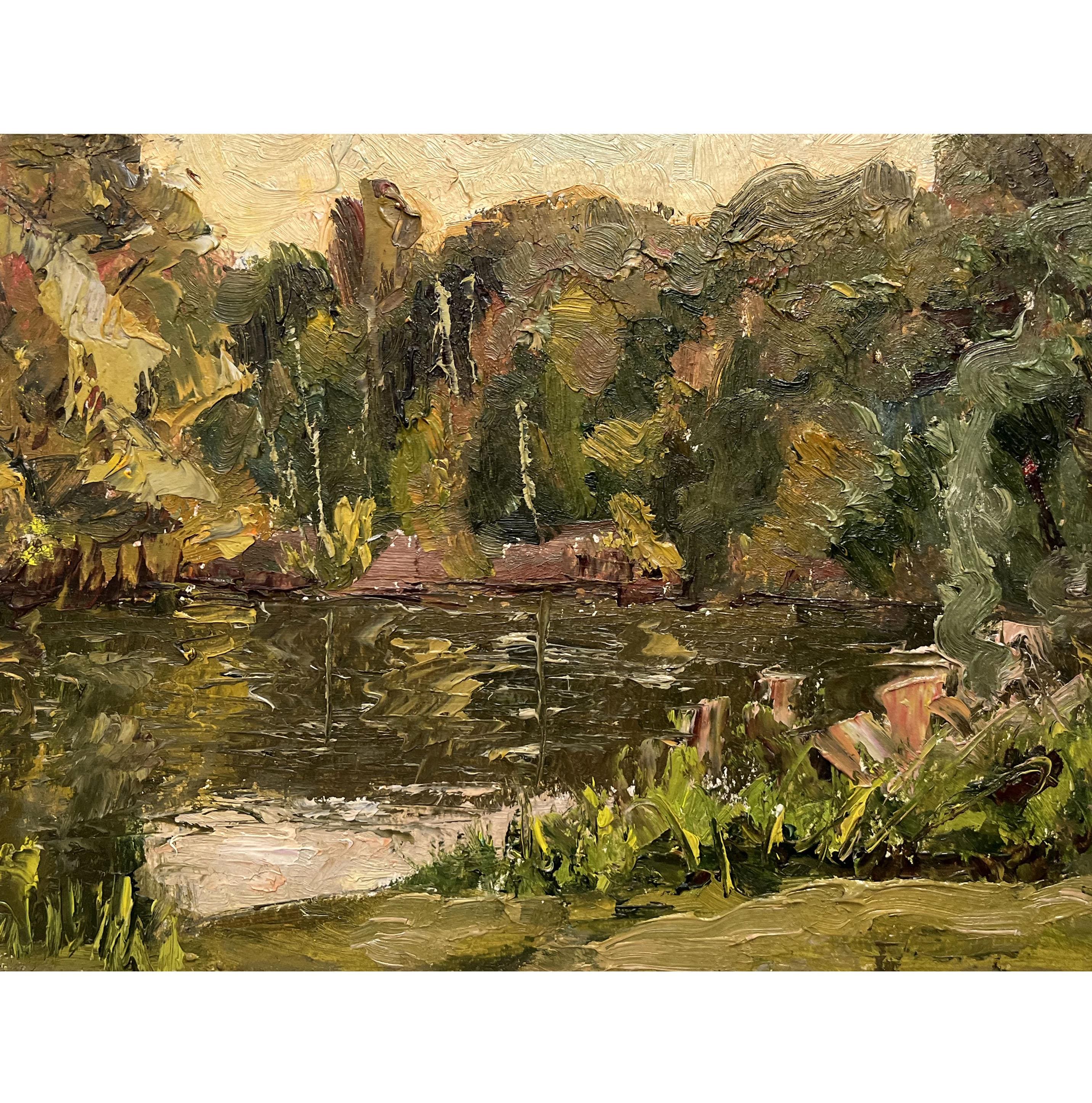 Vintage original oil painting Evening river landscape by Ukrainian artist by I.Hapochenko, Wall art, Sunset, Riverbank, Riverscape, Nature