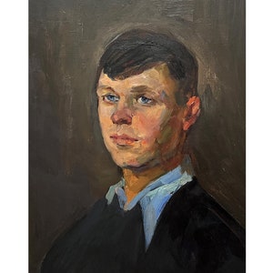 Pintura al óleo original antigua Retrato de un niño de mediados de siglo del artista ucraniano A. Shkurko, 1956, Arte mural con retrato de niño, Pintura de retrato
