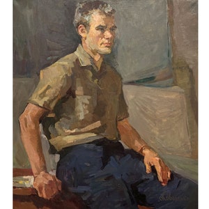 Mid century original oil painting on canvas Portrait of a man by Ukraine artist S.Kovalenko, 1950s, Portrait wall art, Antique male portrait