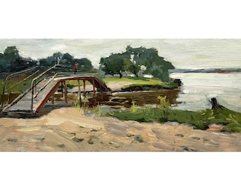 RIVER LANDSCAPE Vintage original oil painting by Ukrainian artist G.Petrov, 1960s, Bridge, Trees, Riverbank, Riverscape, River wall art work