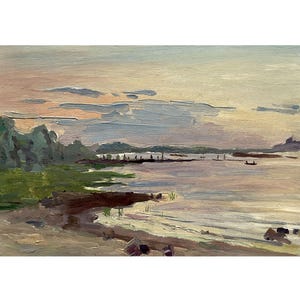 Vintage original oil painting on canvas Sunset landscape by Ukraine artist O.Gorbenko 1960s, Evening riverscape, Trees on river bank, Nature