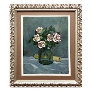 Mid century framed original oil painting Antique flowers still life by Ukrainian artist V.Vlasov, 1955, Wall art, Still life with roses