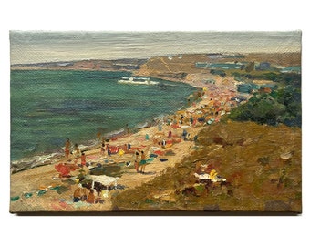 Antique original oil painting Beach landscape by Ukrainian artist V.Sevastyanov, 1960s Summer, People, Seashore, Seascape, Sea wall art work