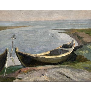 Vintage original oil painting on canvas Seascape by Ukrainian artist by A.Zhezher, 1970s, Sea wall art, Sunset, Seashore, Boats, Seagulls