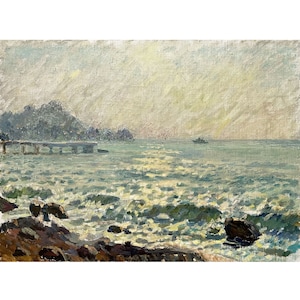 Vintage original oil painting Sea landscape by Ukrainian artist O.Solodovnikov, 1970s, Beach, Seashore, Seascape, Сoastal view, Sea wall art