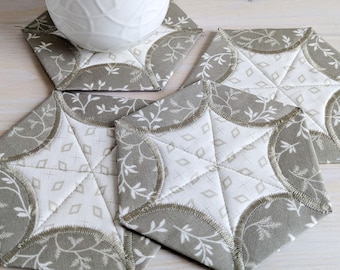Quilted Hexagon Coasters, 4-pc Set Neutral Mug Mats, Handmade in Canada