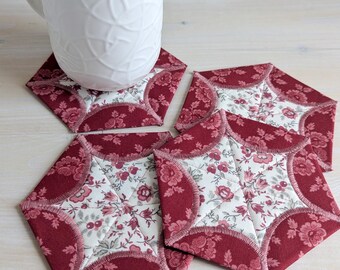 Floral Quilted Coasters, Set of 4 Hexagon Mug Mats, Handmade in Canada