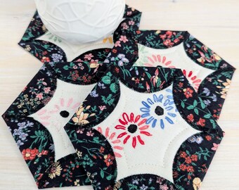 Vintage Embroidery Coaster Set, 4-pc Quilted Floral Drink Mats, Handmade in Canada