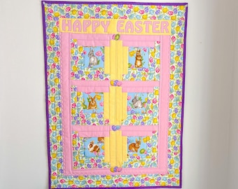 Quilted Easter Wall Hanging, Handcrafted Bunny Textile Art, Handmade in Canada