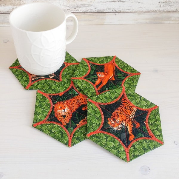 Jungle-Theme Cat Coasters, Set of 4 Quilted Tiger Coasters, One of a Kind, Mothers Fathers Day, Hostess Gift, Ready to Ship, Bar Accessories