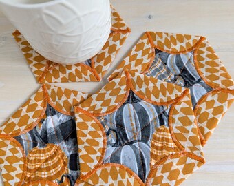 Quilted Pumpkin Coasters, Set of 4 Hexagon Fall Mug Mats, Handmade in Canada