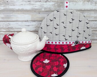 Quilted Canadian-Themed Tea Cozy Set, 3-pc Insulated Pot Cover, Handmade in Canada
