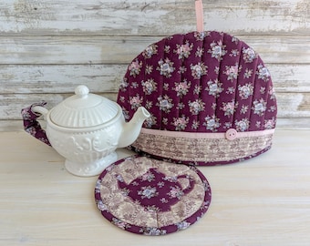 Quilted Floral Tea Cozy Set, 3-pc Insulated Pot Cover, Handmade in Canada