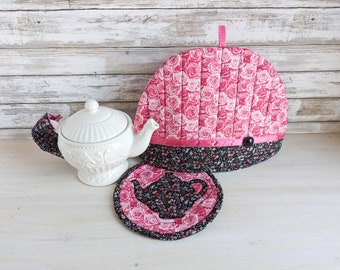 Quilted Rose-Themed Tea Cozy Set, 3-pc Insulated Pot Cover, Handmade in Canada