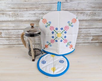 Quilted French Press Cozy and Trivet Set With Upcycled Vintage Embroidery, Handmade in Canada