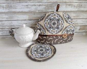 Quilted Tea Cozy Set, 3-pc Insulated Pot Cover, Handmade in Canada