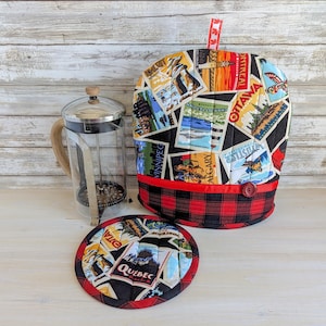Ensemble de dessous de plat confortable avec presse française à thème canadien, couvercle de cafetière isotherme, style carte postale patriotique, unique en son genre, fait main au Canada