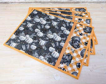 Quilted Pumpkin Placemat Set, 4-pc Thanksgiving Table Decor, Handmade in Canada