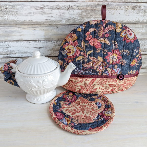 Quilted Tea Cozy Set, 3-pc French Country Tea Cozy Set, Floral Pot Cover with Trivet and Handle-Wrap, Gift for Tea Lover, Tracked Shipping