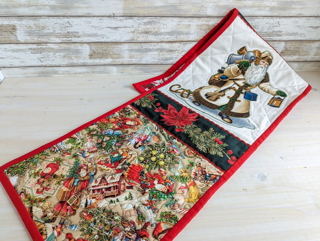 Quilted Christmas Table Runner, Santa Table Runner, Victorian Christmas