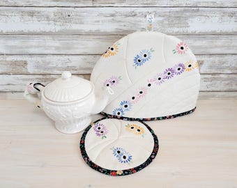 Upcycled Quilted Tea Cozy Set With Vintage Embroidery, 3-pc Pot Cover, Handmade in Canada