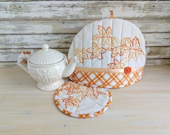 Quilted Tea Cozy Set With Upcycled Vintage Embroidery, Insulated Pot Cover, Handmade in Canada