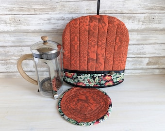 Quilted Winter Deer Coffee Cozy and Trivet Set, Holiday Pot Cover, Handmade in Canada