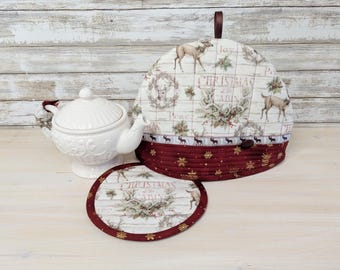 Quilted Winter Deer Tea Cozy Set, 3-pc Christmas Pot Cover, Handmade in Canada