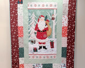Festive Santa Lap Quilt, Flannel Holiday Throw Blanket, Handmade in Canada