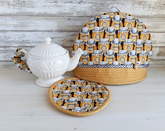 Quilted Honey-Themed Tea Cozy Set, 3-pc Thermal Pot Cover, Handmade in Canada
