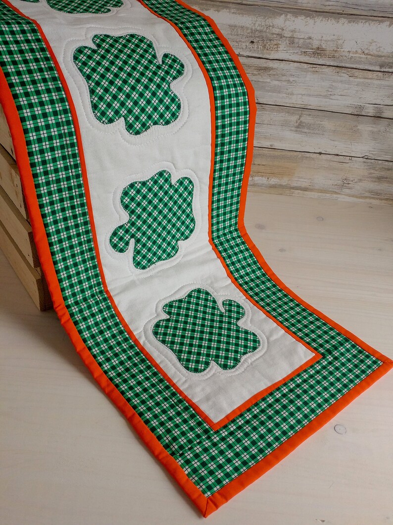 St Patrick S Day Quilted Table Runner Shamrock Table Runner Irish Quilted Runner Quilted Table Linens Irish Items Appliqued Shamrock