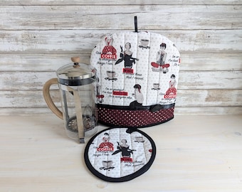 Quilted Retro-Style French Press Cozy and Trivet, Insulated Coffee Pot Cover, Handmade in Canada