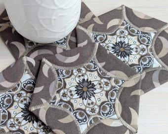 Quilted Hexagon Coasters, 4-pc Set Neutral Mug Mats, Handmade in Canada